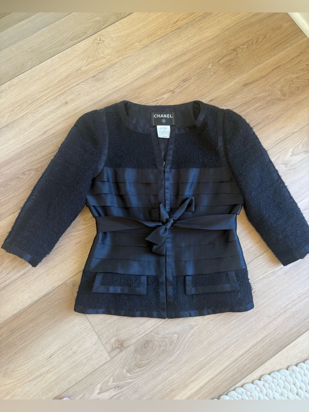 Authentic 2006 Fall/Winter CHANEL Black Bouclé Jacket with Satin Waist Tie
